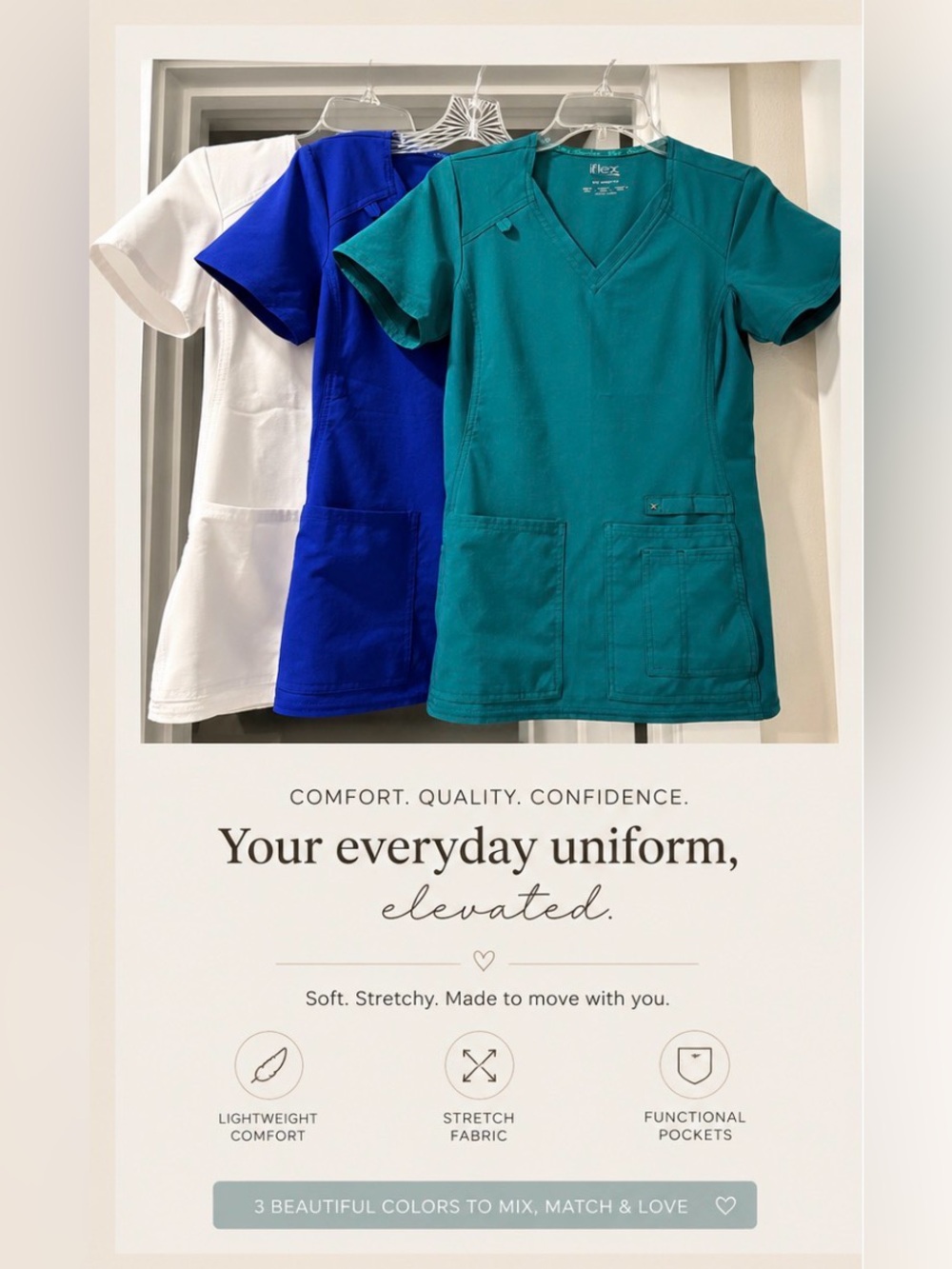Cherokee V-Neck Scrub Top in Teal Green, Royal Blue & White